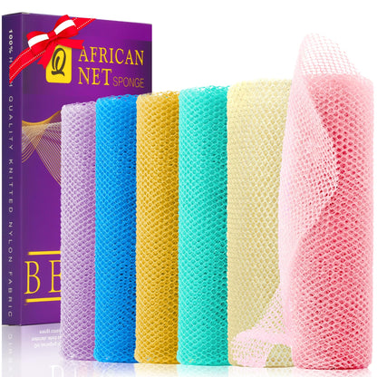 UJFQBH 3 Pieces African Bath Sponge African Net Long Net Bath Sponge Exfoliating Shower Body Scrubber Back Scrubber Skin Smoother,Great for Daily Use (Pink,Yellow,Purple)