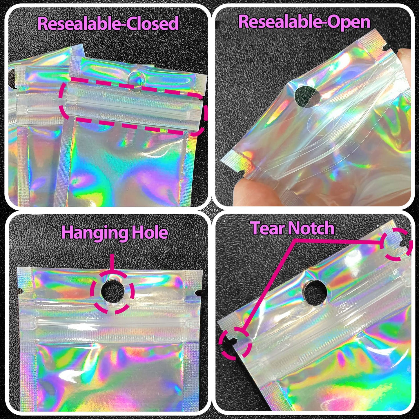 Smell Proof Bags & Resealable Foil Pouch Mylar Sample Bag Great for Party Favor Food Storage (Holographic Color) (50pcs-6x9 inch)