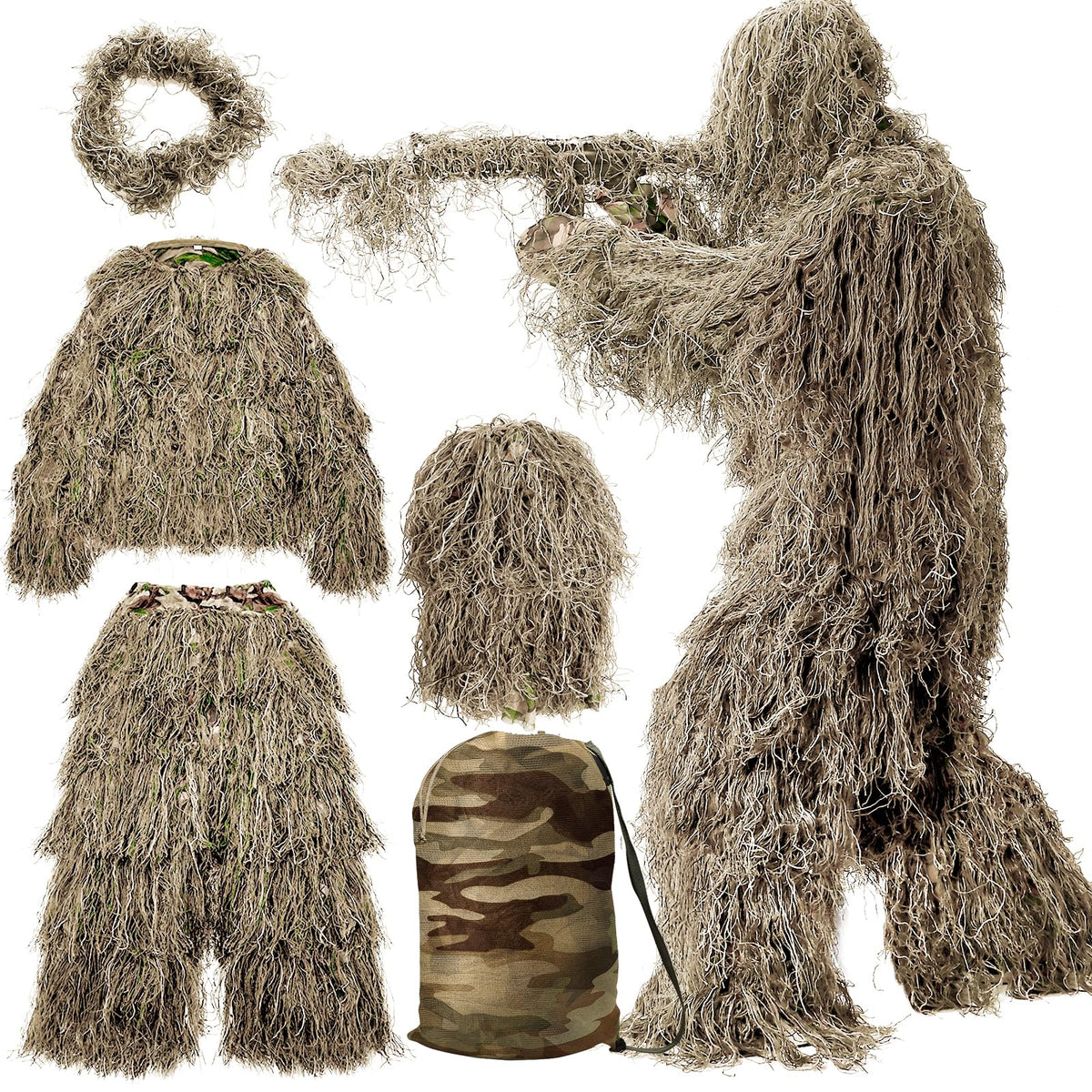 MOPHOTO 5 in 1 Ghillie Suit 3D Camouflage Hunting Suits - Jacket, Pants, Hood, Carry Bag for Adults & Youth, M/L/XL/XXL