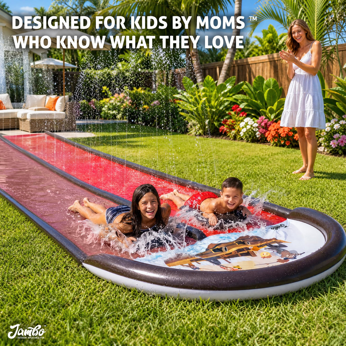 JAMBO Premium Triple Water Slide with 3 Bodyboards, 20Ft Heavy Duty Slip Splash and Slides-Advanced 3-Way Sprinkler System, Splash Pad Mat Backyard Summer Outdoor Water Toys n Long Slides for Kids