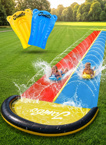 JAMBO Premium Triple Water Slide with 3 Bodyboards, 20Ft Heavy Duty Slip Splash and Slides-Advanced 3-Way Sprinkler System, Splash Pad Mat Backyard Summer Outdoor Water Toys n Long Slides for Kids
