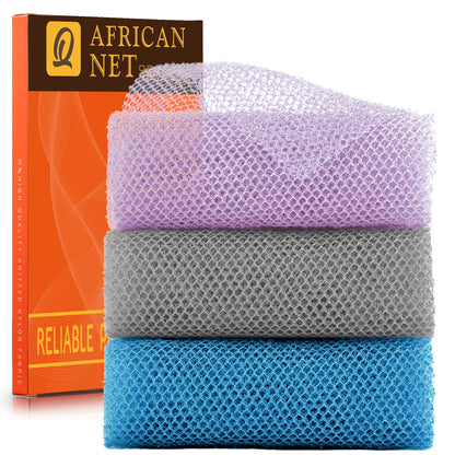 UJFQBH 3 Pieces African Bath Sponge African Net Long Net Bath Sponge Exfoliating Shower Body Scrubber Back Scrubber Skin Smoother,Great for Daily Use (Pink,Yellow,Purple)