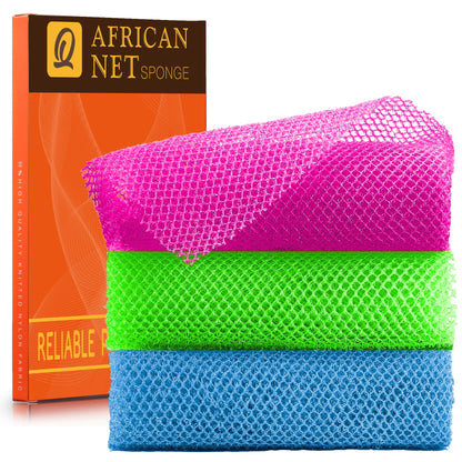 UJFQBH 3 Pieces African Bath Sponge African Net Long Net Bath Sponge Exfoliating Shower Body Scrubber Back Scrubber Skin Smoother,Great for Daily Use (Pink,Yellow,Purple)