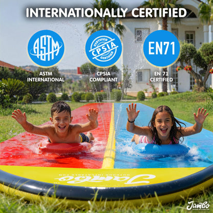 JAMBO Premium Triple Water Slide with 3 Bodyboards, 20Ft Heavy Duty Slip Splash and Slides-Advanced 3-Way Sprinkler System, Splash Pad Mat Backyard Summer Outdoor Water Toys n Long Slides for Kids