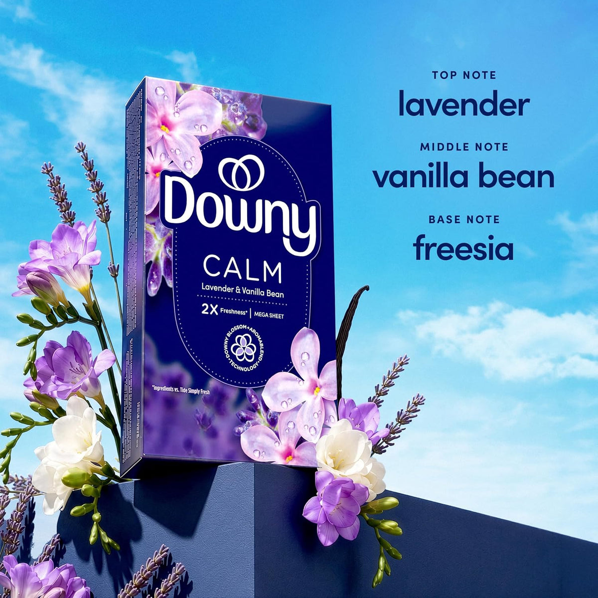Downy CALM, Mega Dryer Sheets, Laundry Fabric Softener, Lavender and Vanilla Bean, 130 Count