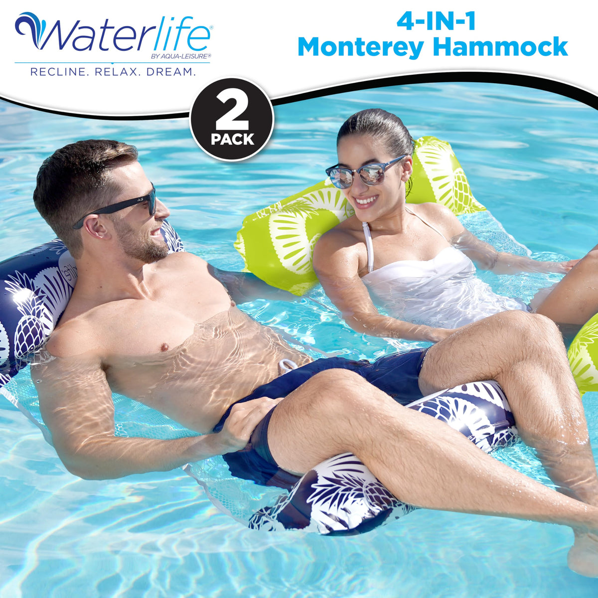 Waterlife 4-in-1 Pool Hammock 4-Pack, Inflatable Pool Chair Float, Water (Saddle, Lounge Chair, Drifter)