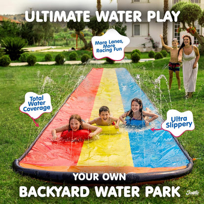 JAMBO Premium Triple Water Slide with 3 Bodyboards, 20Ft Heavy Duty Slip Splash and Slides-Advanced 3-Way Sprinkler System, Splash Pad Mat Backyard Summer Outdoor Water Toys n Long Slides for Kids