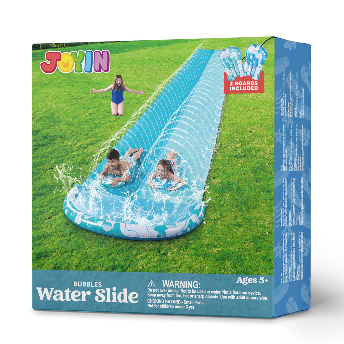JOYIN 22.5ft Water Slides and 2 Bodyboards, Lawn Water Slide Summer Slip Waterslides Water Toy with Build in Sprinkler for Backyard Outdoor Water Fun for Kids