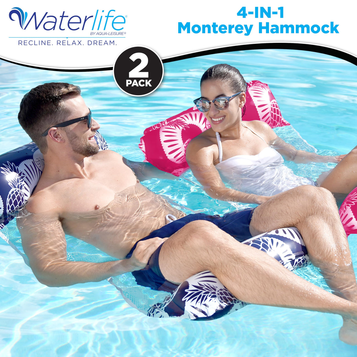 Waterlife 4-in-1 Pool Hammock 4-Pack, Inflatable Pool Chair Float, Water (Saddle, Lounge Chair, Drifter)