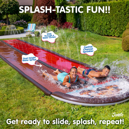 JAMBO Premium Triple Water Slide with 3 Bodyboards, 20Ft Heavy Duty Slip Splash and Slides-Advanced 3-Way Sprinkler System, Splash Pad Mat Backyard Summer Outdoor Water Toys n Long Slides for Kids