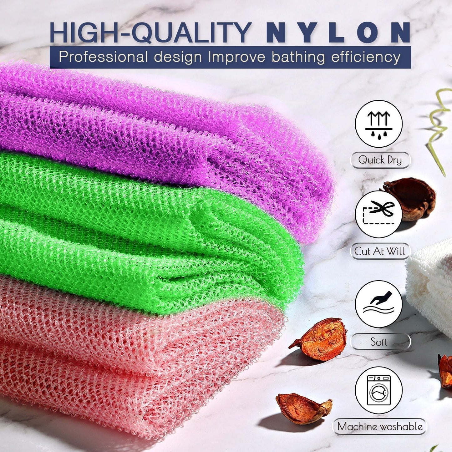 UJFQBH 3 Pieces African Bath Sponge African Net Long Net Bath Sponge Exfoliating Shower Body Scrubber Back Scrubber Skin Smoother,Great for Daily Use (Pink,Yellow,Purple)