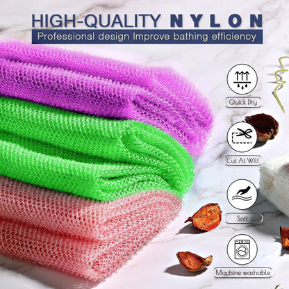 UJFQBH 3 Pieces African Bath Sponge African Net Long Net Bath Sponge Exfoliating Shower Body Scrubber Back Scrubber Skin Smoother,Great for Daily Use (Pink,Yellow,Purple)