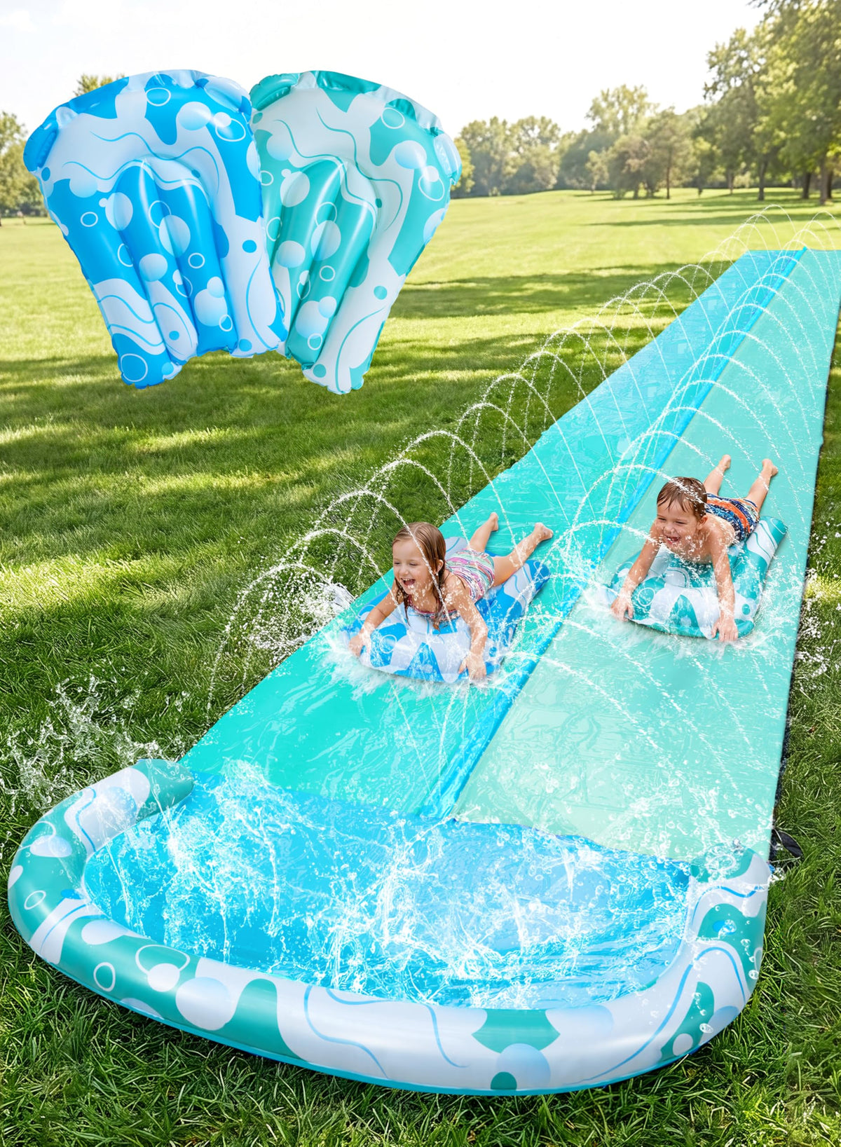 JOYIN 22.5ft Water Slides and 2 Bodyboards, Lawn Water Slide Summer Slip Waterslides Water Toy with Build in Sprinkler for Backyard Outdoor Water Fun for Kids