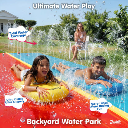 JAMBO Premium Triple Water Slide with 3 Bodyboards, 20Ft Heavy Duty Slip Splash and Slides-Advanced 3-Way Sprinkler System, Splash Pad Mat Backyard Summer Outdoor Water Toys n Long Slides for Kids