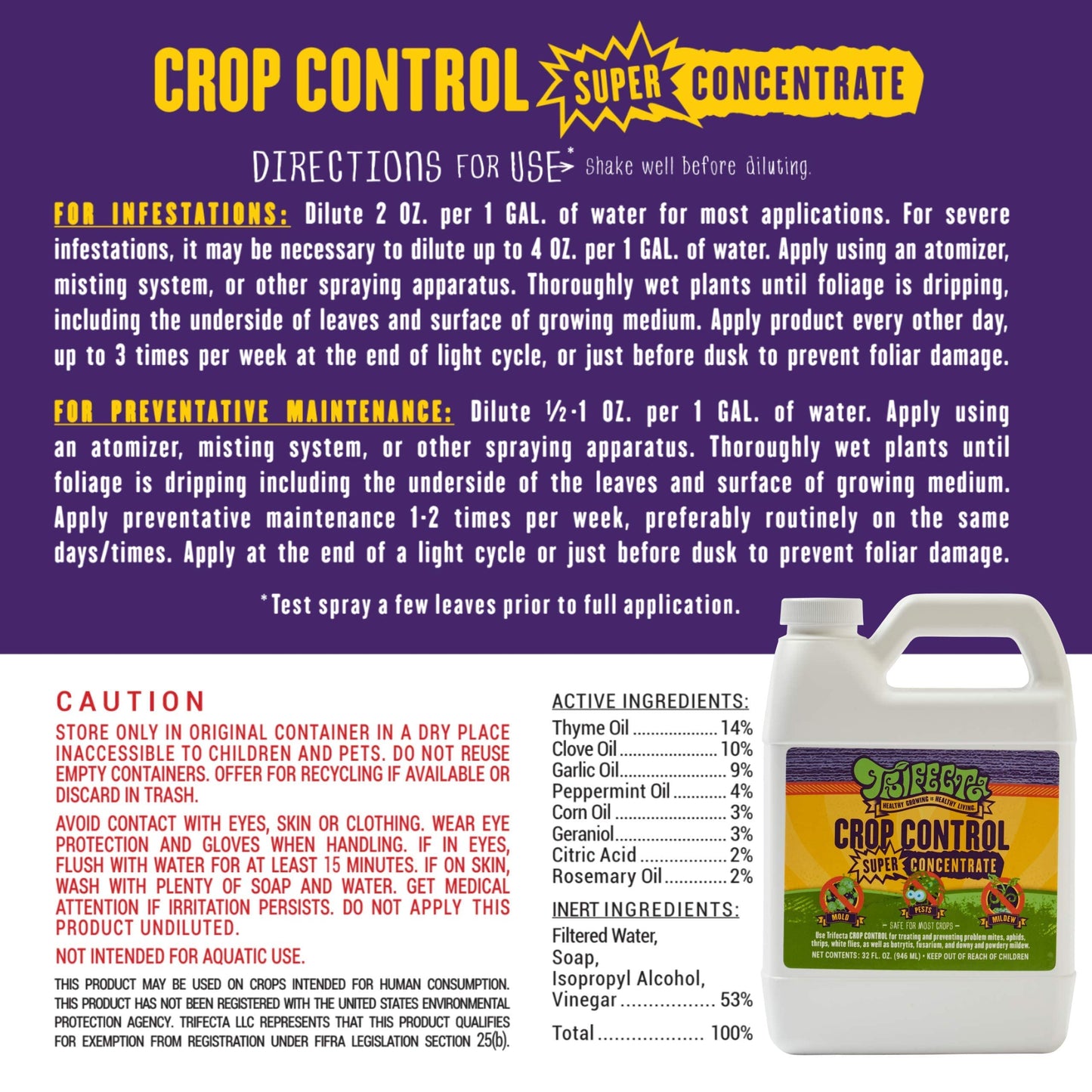 Trifecta Crop Control Ready to Use Maximum Strength Natural Pesticide, Fungicide, Miticide, Insecticide, Help Defeat Spider Mites, Powdery Mildew, Botrytis and Mold on Plants 32 OZ Size