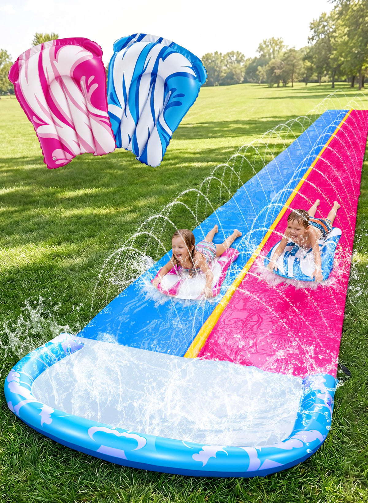 JOYIN 22.5ft Water Slides and 2 Bodyboards, Lawn Water Slide Summer Slip Waterslides Water Toy with Build in Sprinkler for Backyard Outdoor Water Fun for Kids