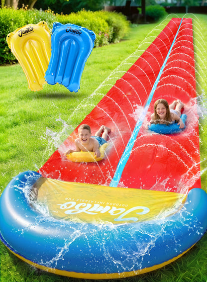 JAMBO Premium Triple Water Slide with 3 Bodyboards, 20Ft Heavy Duty Slip Splash and Slides-Advanced 3-Way Sprinkler System, Splash Pad Mat Backyard Summer Outdoor Water Toys n Long Slides for Kids