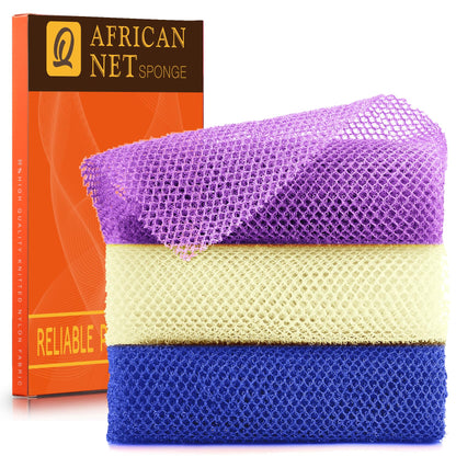 UJFQBH 3 Pieces African Bath Sponge African Net Long Net Bath Sponge Exfoliating Shower Body Scrubber Back Scrubber Skin Smoother,Great for Daily Use (Pink,Yellow,Purple)