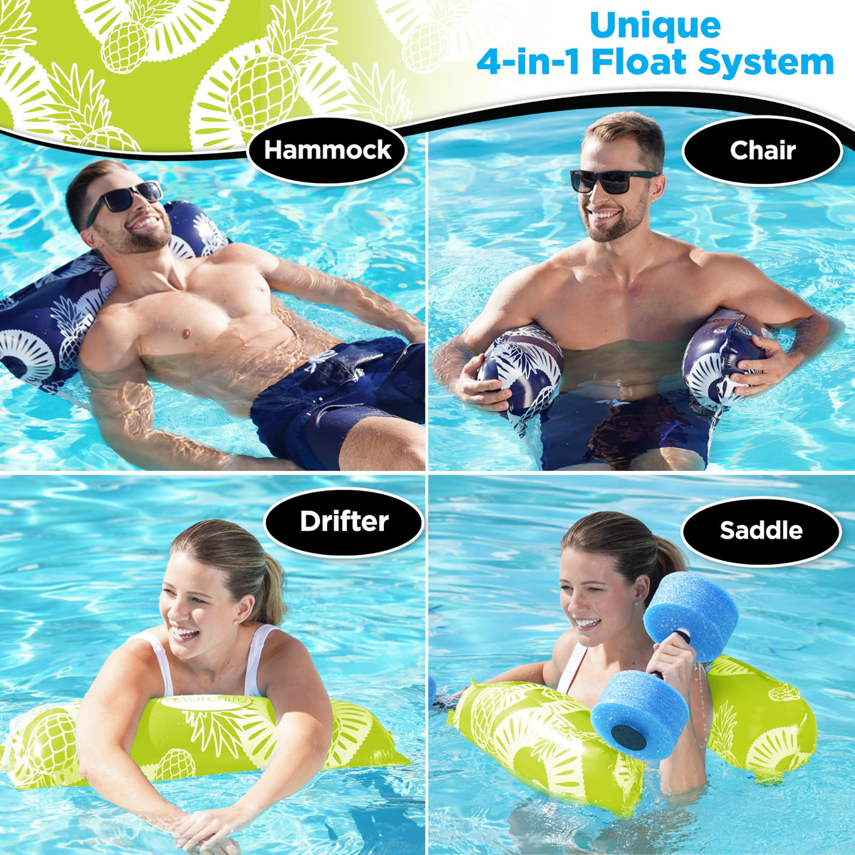 Waterlife 4-in-1 Pool Hammock 4-Pack, Inflatable Pool Chair Float, Water (Saddle, Lounge Chair, Drifter)