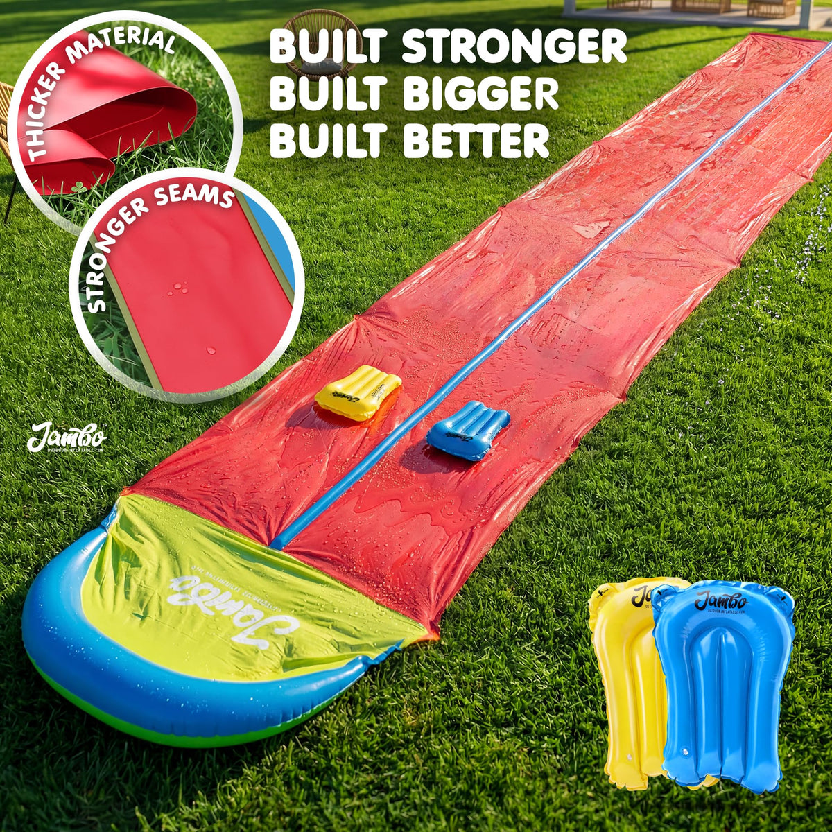 JAMBO Premium Triple Water Slide with 3 Bodyboards, 20Ft Heavy Duty Slip Splash and Slides-Advanced 3-Way Sprinkler System, Splash Pad Mat Backyard Summer Outdoor Water Toys n Long Slides for Kids
