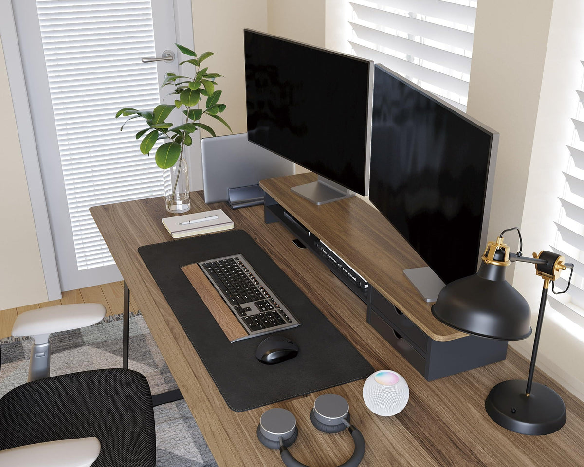 Fenge Monitor Stand, Desk Computer Riser with Frosted Storage Drawer, Oak