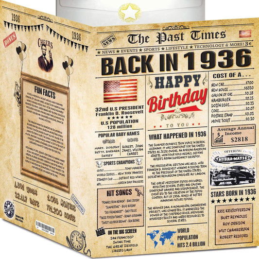 Back2Time 90th Birthday Cards for Men & Women - Back In 1936 Newspaper (Bday Card + Envelope) Large HAPPY BIRTHDAY Decorations for Her Him Vintage Funny card for Wife Husband & Grandparents 90 years
