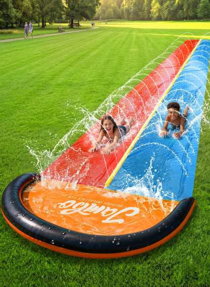 JAMBO Premium Triple Water Slide with 3 Bodyboards, 20Ft Heavy Duty Slip Splash and Slides-Advanced 3-Way Sprinkler System, Splash Pad Mat Backyard Summer Outdoor Water Toys n Long Slides for Kids