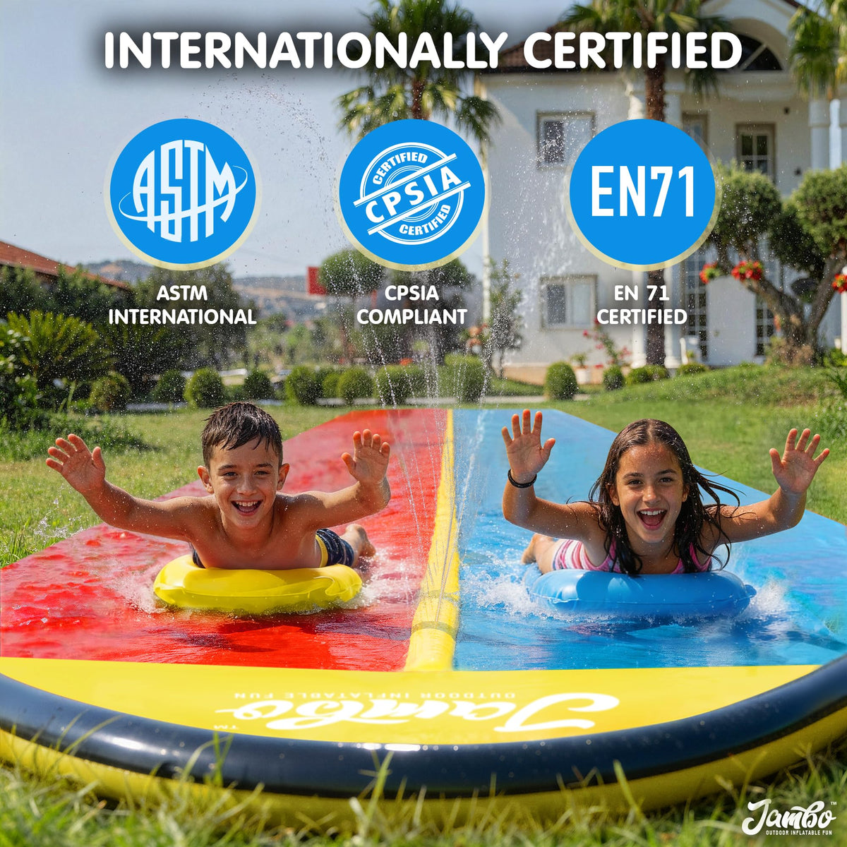 JAMBO Premium Triple Water Slide with 3 Bodyboards, 20Ft Heavy Duty Slip Splash and Slides-Advanced 3-Way Sprinkler System, Splash Pad Mat Backyard Summer Outdoor Water Toys n Long Slides for Kids