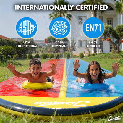 JAMBO Premium Triple Water Slide with 3 Bodyboards, 20Ft Heavy Duty Slip Splash and Slides-Advanced 3-Way Sprinkler System, Splash Pad Mat Backyard Summer Outdoor Water Toys n Long Slides for Kids