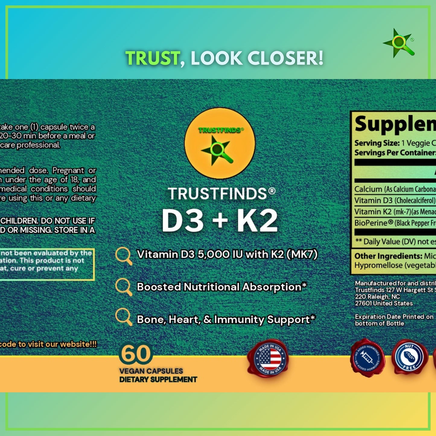 D3 + K2 Boosted Nutritional Absorption* Supplements for Women and Men - Calcium with Vitamin D3 K2 5000 IU Supplement - Gluten-Free, Allergen-Free