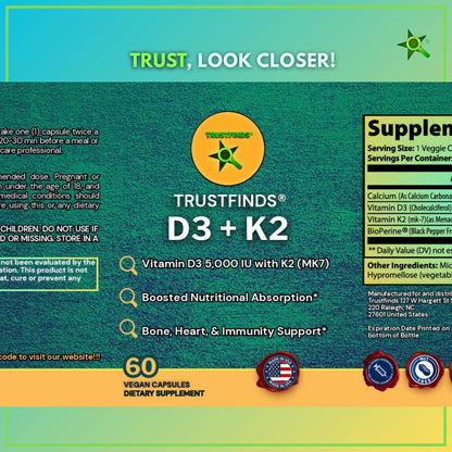 D3 + K2 Boosted Nutritional Absorption* Supplements for Women and Men - Calcium with Vitamin D3 K2 5000 IU Supplement - Gluten-Free, Allergen-Free