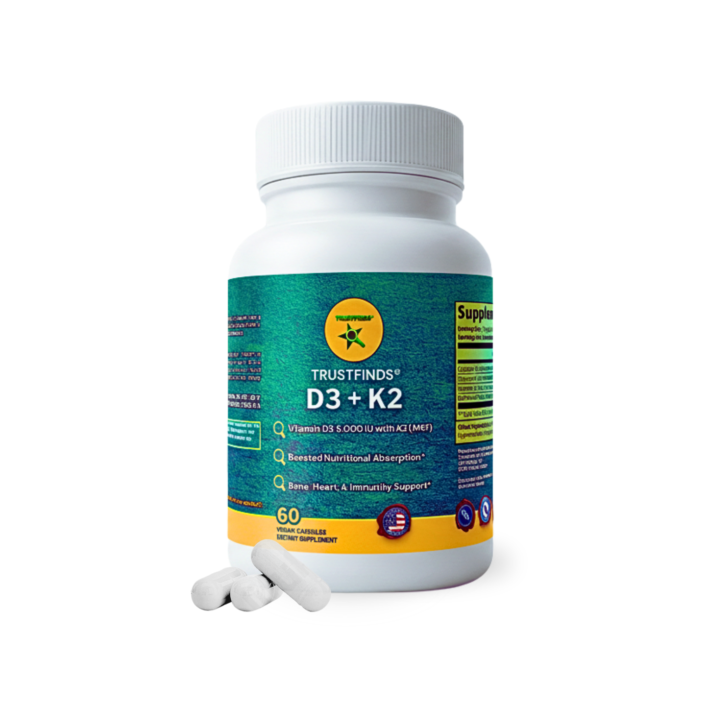 D3 + K2 Boosted Nutritional Absorption* Supplements for Women and Men - Calcium with Vitamin D3 K2 5000 IU Supplement - Gluten-Free, Allergen-Free