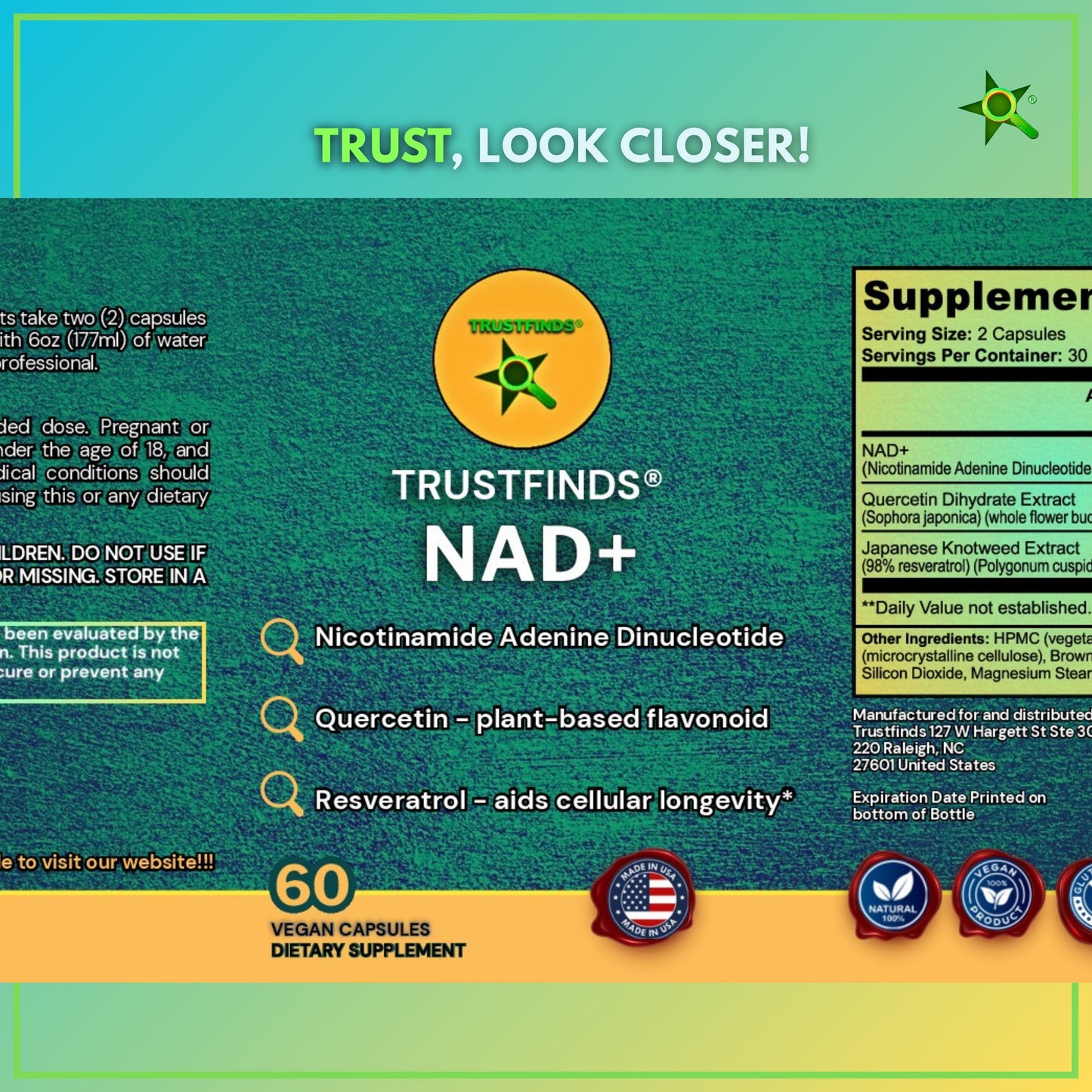 NAD+ (Nicotinamide Adenine Dinucleotide) with Quercetin and Resveratrol - Support Healthy Aging, Methylation, Cellular Energy Production and Metabolism* - 60 Vegan Capsules