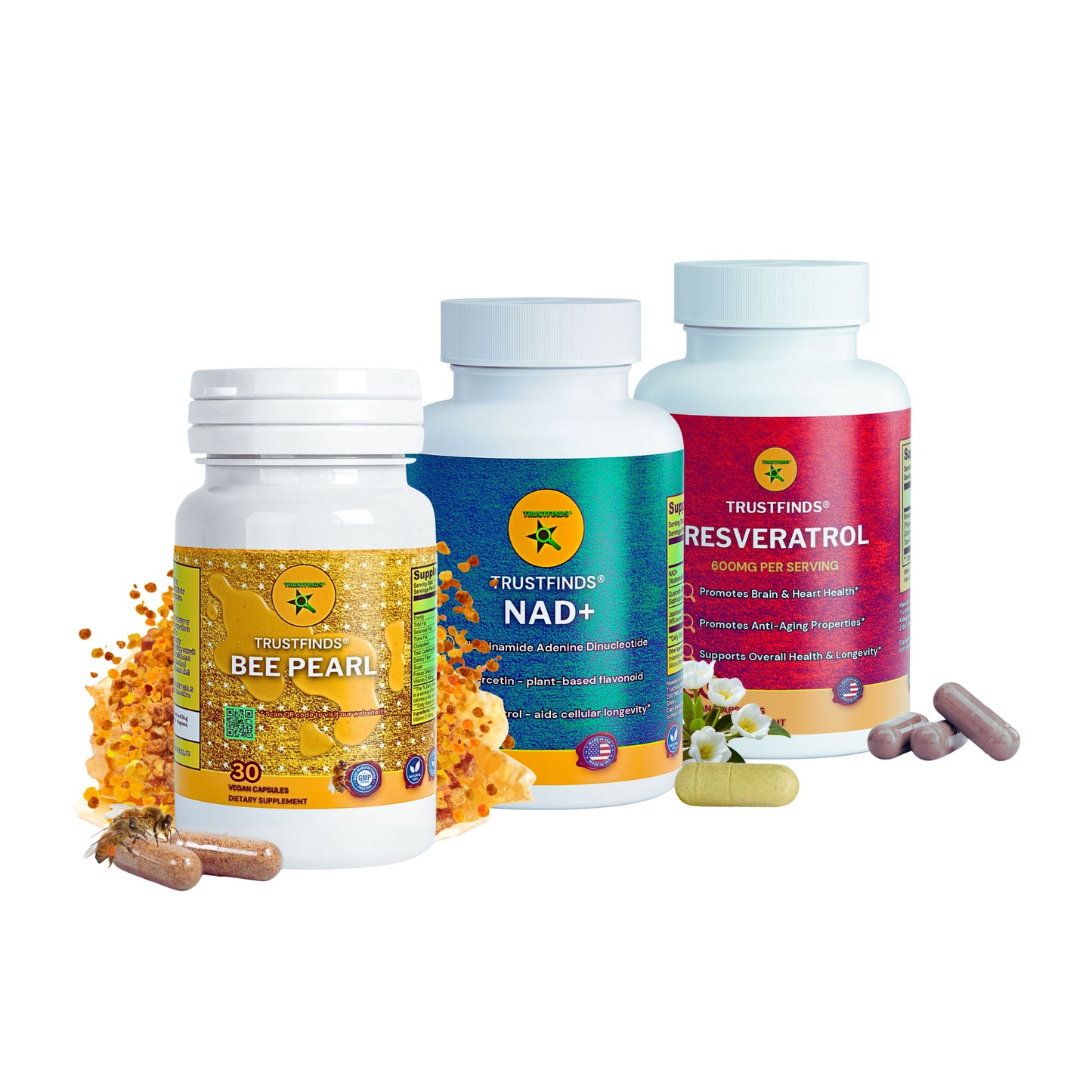 TrustLongevity™ Bundle (3 Pack) Trustfinds® Bee Pearls, NAD+, & Resveratrol 600mg - Natural Immunity & Vitality Support (150 Veg. Caps)