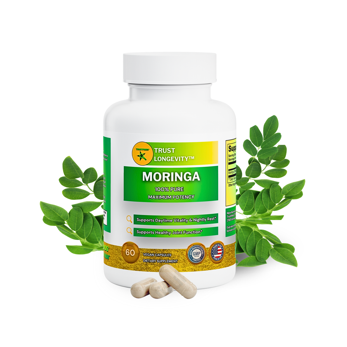 TrustFinds® Pure Moringa Powder, Energy, Skin, Immune & Gut Health Superfood, Rich in Antioxidants, Essential Vitamins & Amino Acids, Natural Green Superfood Supplement - 60 Count